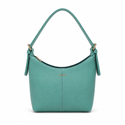 A teal green leather shoulder bag with gold-tone hardware and a small gold 'ARIAN' logo on the front, shown against a plain white background.