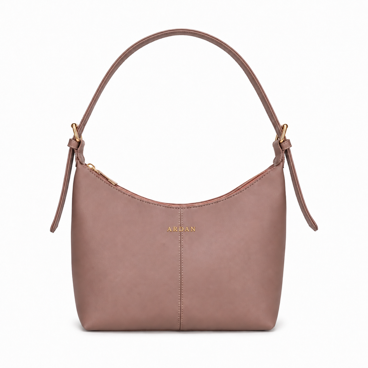 A dusty rose leather shoulder bag with a single top handle, gold-tone hardware, and the brand name 'ARIAN' printed in gold on the front, set against a plain white background.