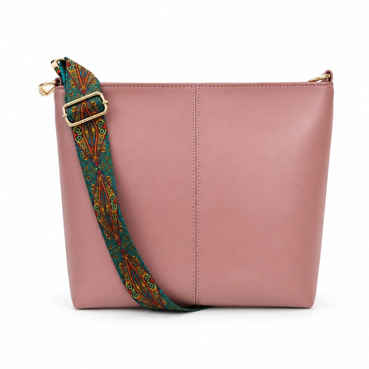 A dusty pink leather shoulder bag with a wide, adjustable patterned strap in teal, orange, and gold, and gold-tone hardware, shown on a white background.