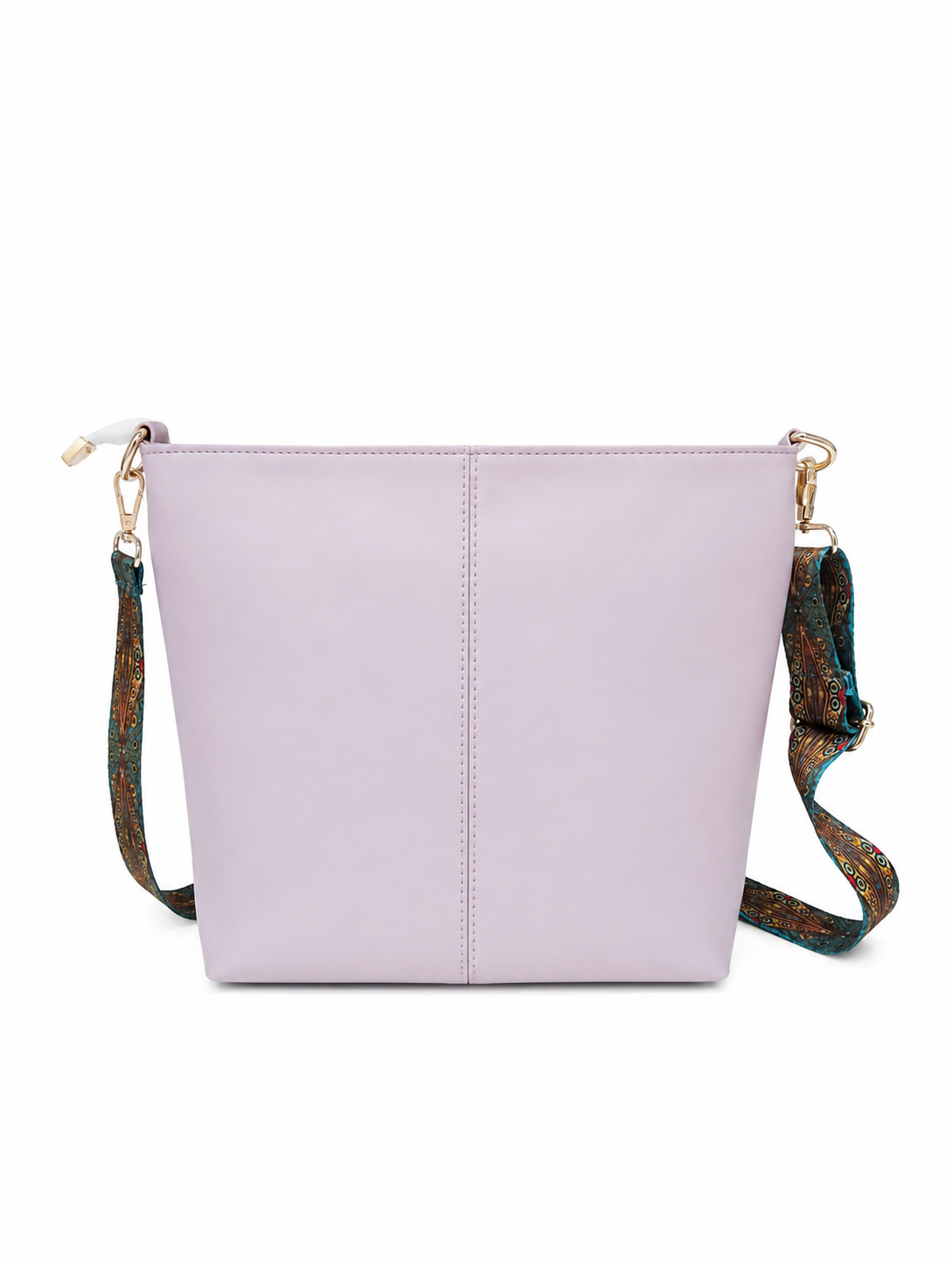 A light purple leather bucket bag with a wide, patterned fabric shoulder strap featuring green, orange, and blue tones, accented by gold-tone hardware, shown against a plain white background.