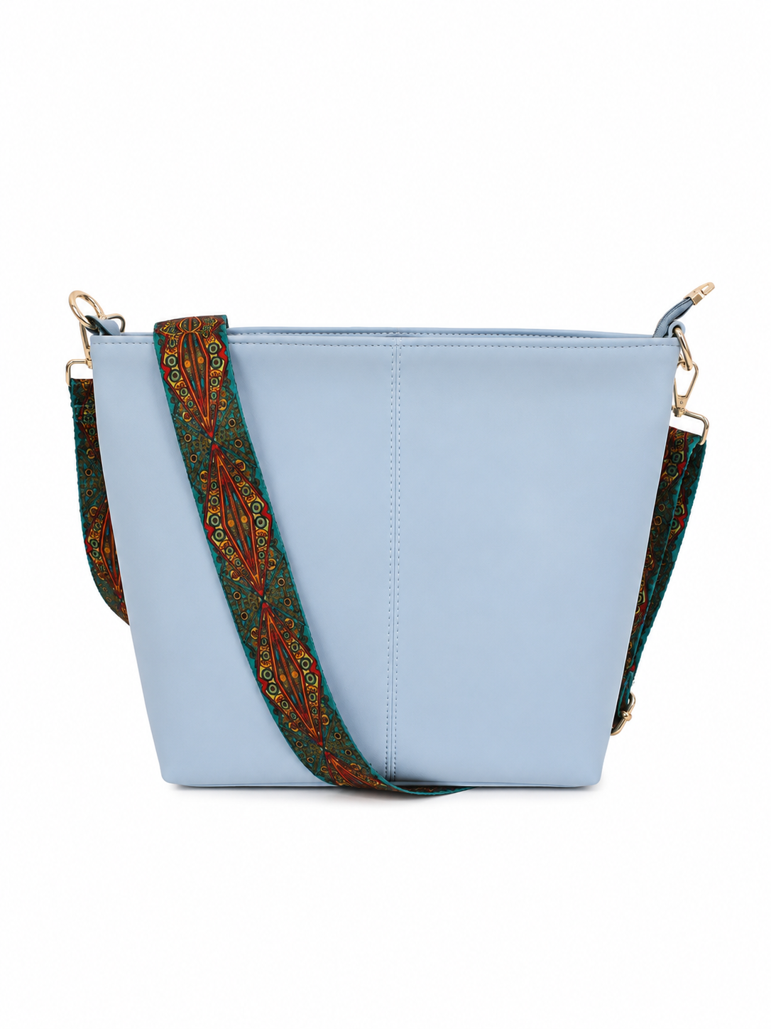 A light blue bucket-style shoulder bag with a wide, patterned green and orange woven strap, shown against a plain white background.