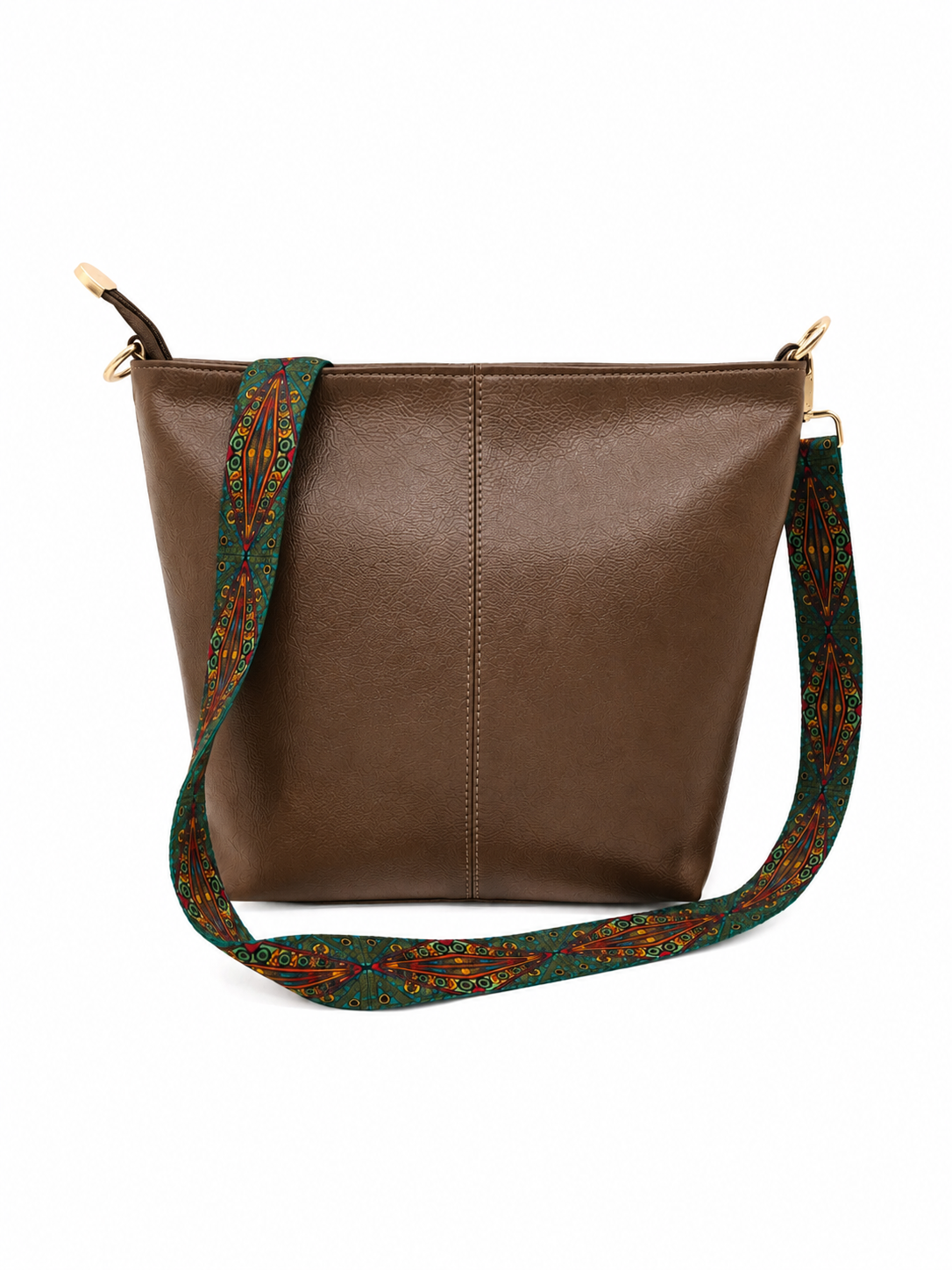 A brown faux-leather bucket bag with a wide, patterned green shoulder strap featuring red and orange floral details, shown on a plain white background.