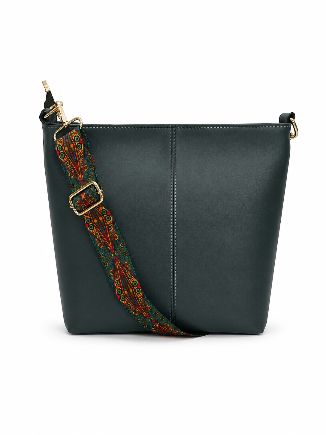 A dark green leather bucket bag with a wide, adjustable patterned shoulder strap featuring red, orange, and green paisley details, and gold-tone hardware, shown on a plain white background.