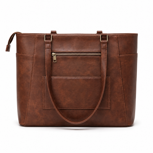 Structured Leather Work Tote Bag with Gold Hardware and Laptop Compartment