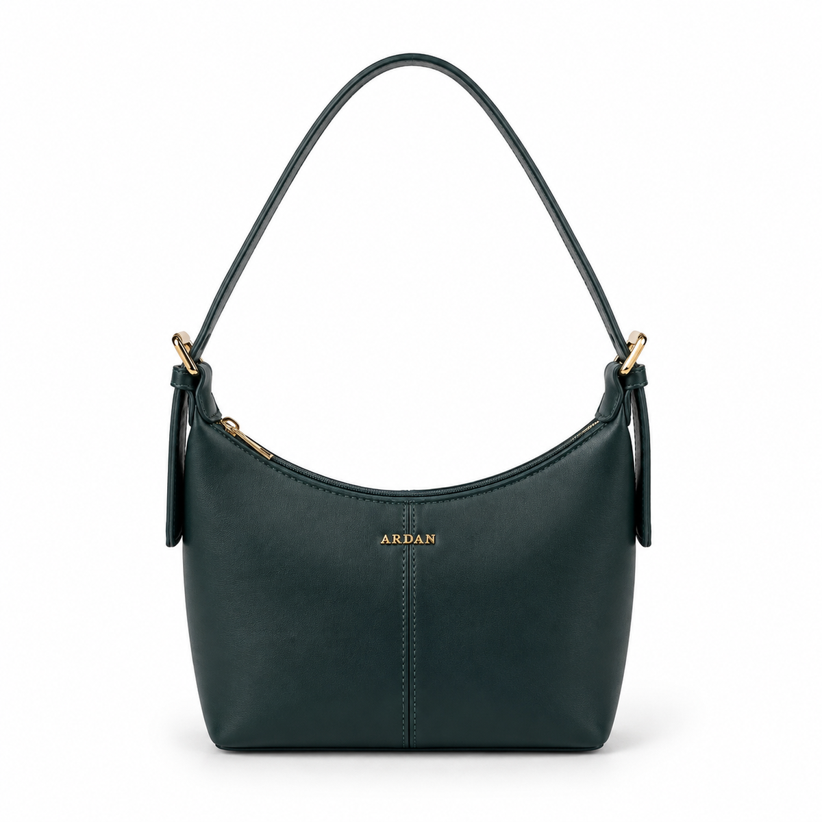 A dark green leather shoulder bag with gold-tone hardware and the brand name 'AREAN' printed in gold on the front, set against a plain white background.