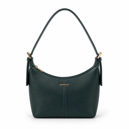A dark green leather shoulder bag with gold-tone hardware and the brand name 'AREAN' printed in gold on the front, set against a plain white background.