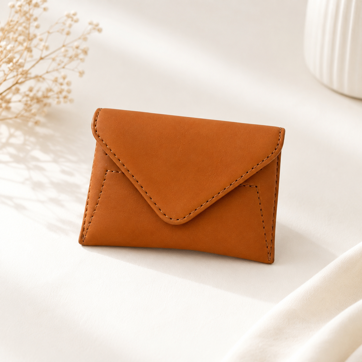 A small envelope-style card holder wallet in warm tan leather, photographed on a soft white fabric surface with dried flowers and a white ribbed vase in the background.