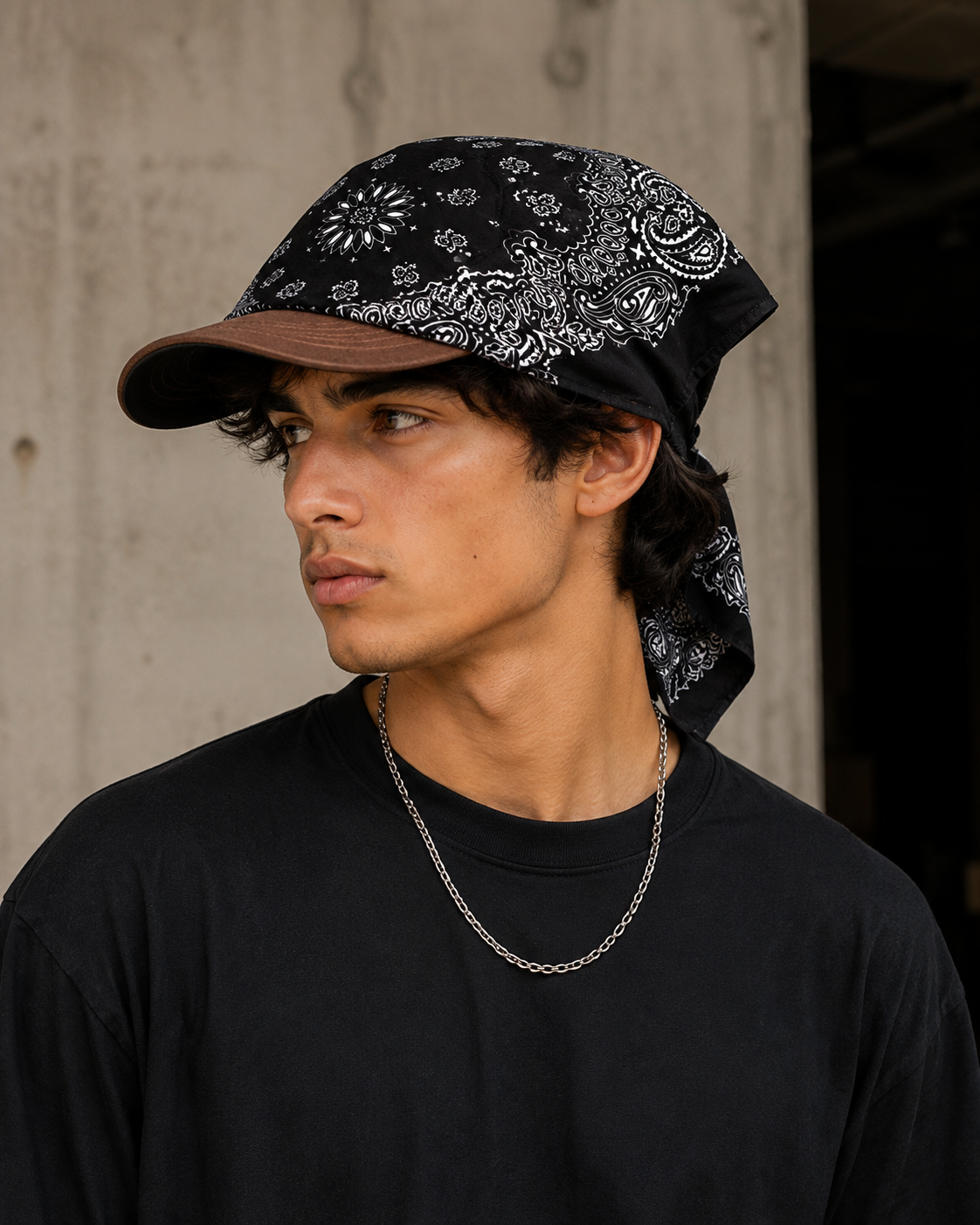 A man wearing a black bandana cap with a brown brim and a black bandana with a white paisley pattern, paired with a black t-shirt and a silver chain necklace, set against a concrete wall background.