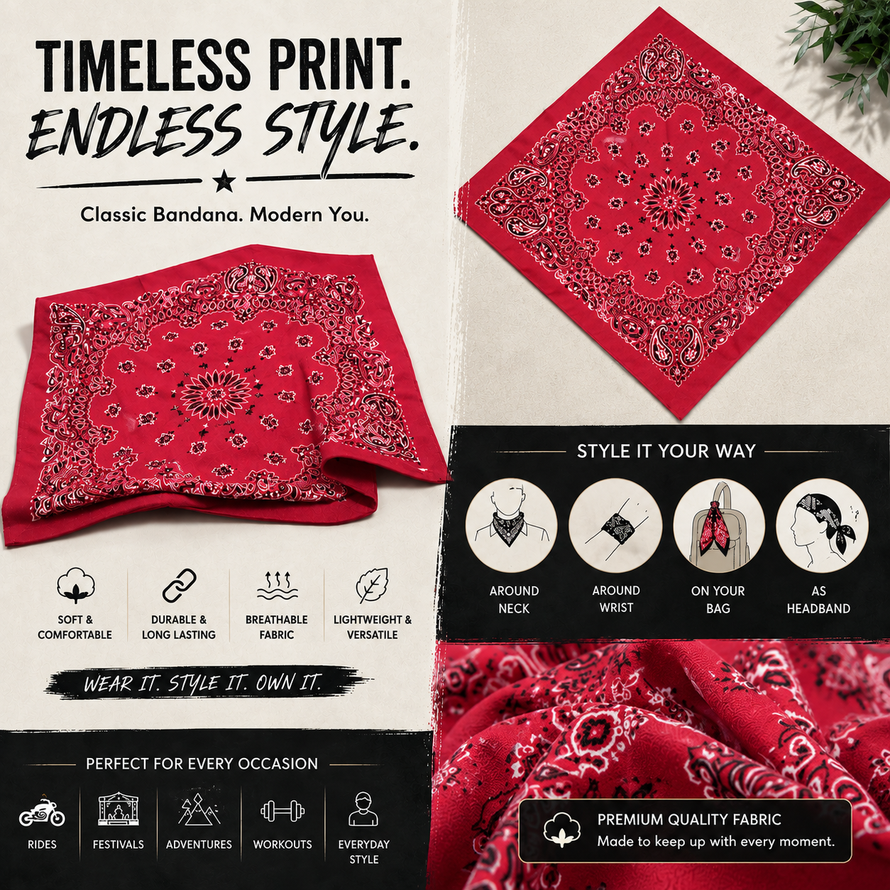 Red bandana with a classic paisley pattern shown in multiple styling ways, with text overlays describing its features and care instructions on a split beige and black background.