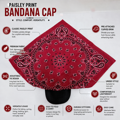 A red paisley print bandana cap shown on a black helmet, surrounded by feature callout icons and text on a white background. The text reads 'Paisley Print Bandana Cap' and lists features such as classic paisley print, pre-attached curved rim, adjustable tie, and versatile usage.