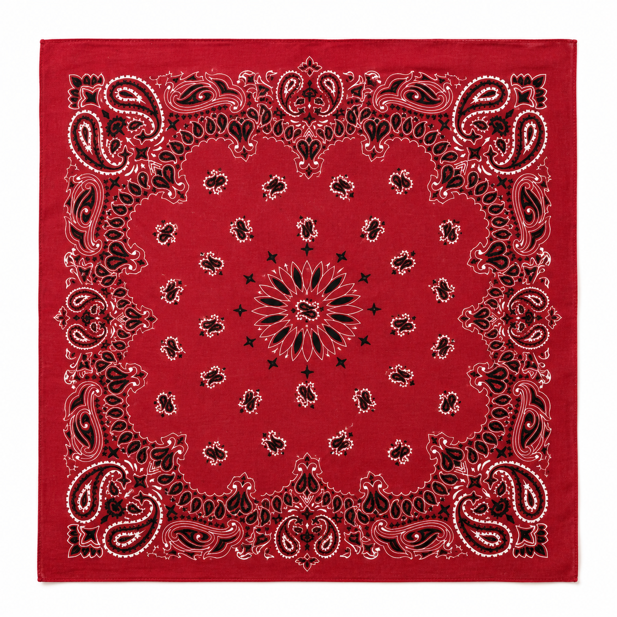 A square red bandana featuring a classic black and white paisley pattern with a central floral medallion, displayed flat against a white background.