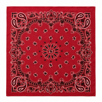 A square red bandana featuring a classic black and white paisley pattern with a central floral medallion, displayed flat against a white background.