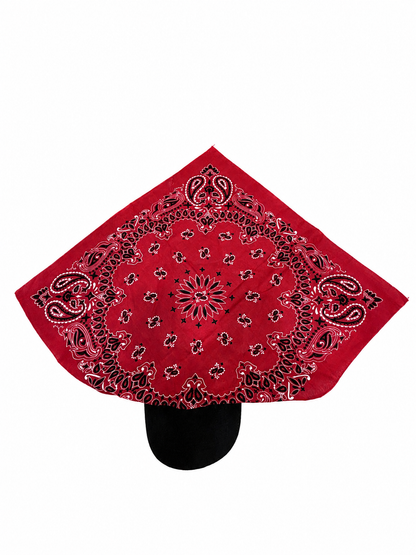 A red bandana with a black paisley pattern, displayed on a black mannequin stand against a plain white background.