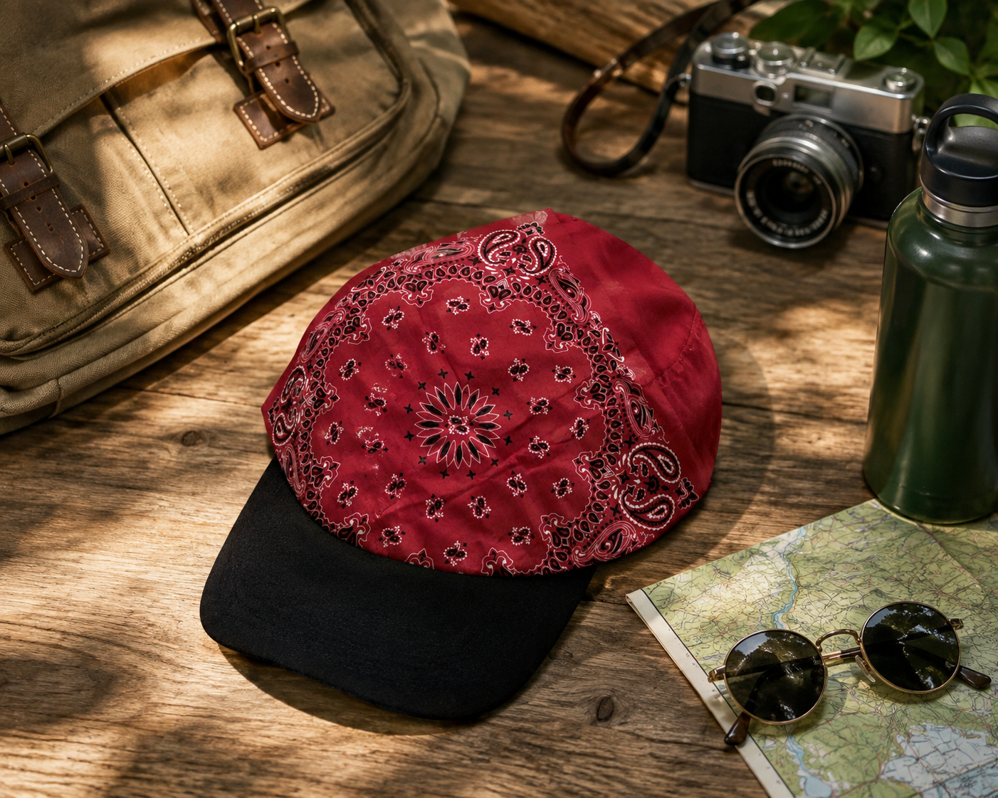 A red bandana-patterned cap with a black curved brim, styled on a wooden surface with a beige bag, camera, water bottle, sunglasses, and map.