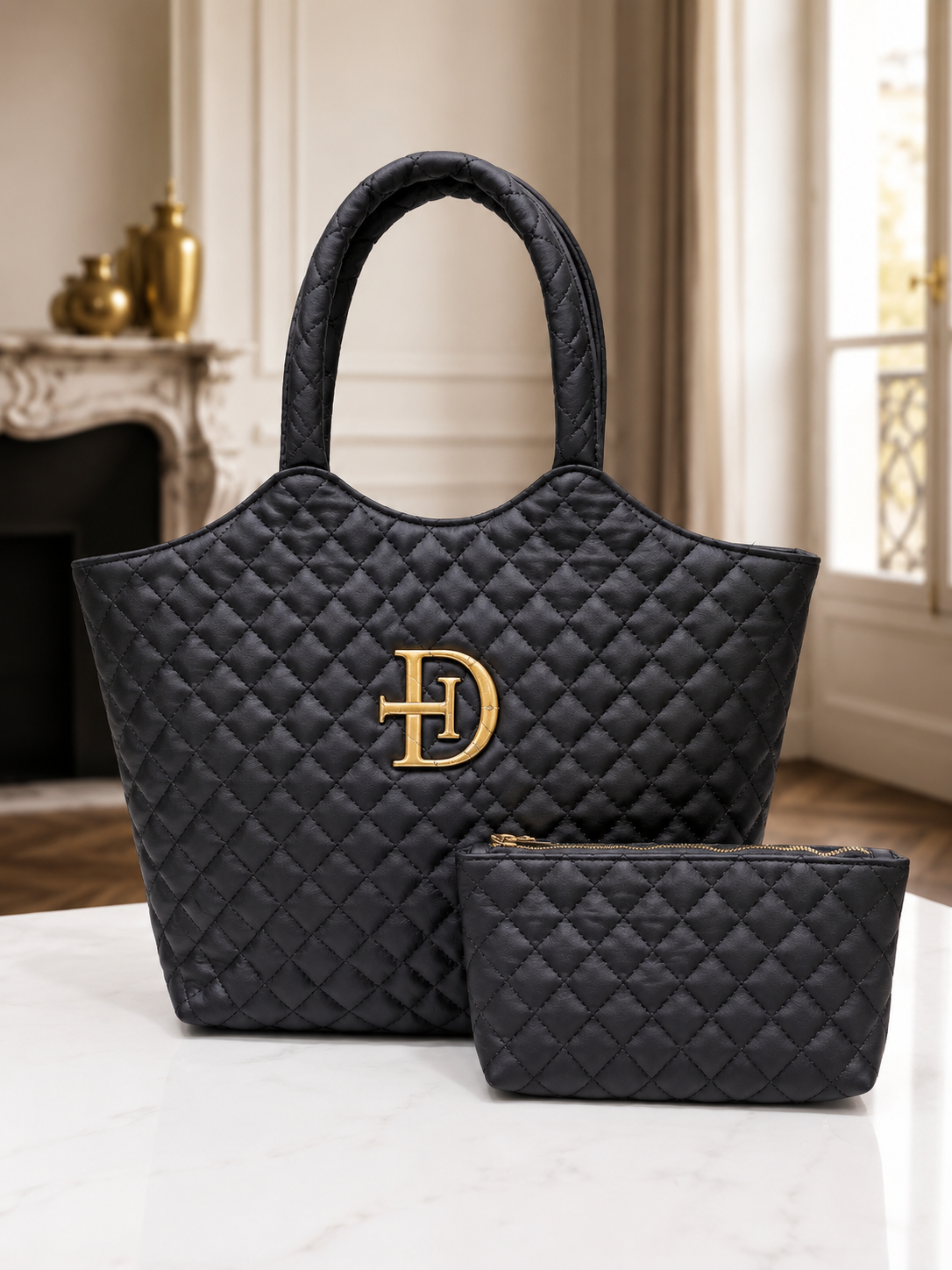 A black quilted tote bag with a large gold 'HD' monogram logo on the front, displayed alongside a matching black quilted pouch on a white marble surface in an elegant interior setting.
