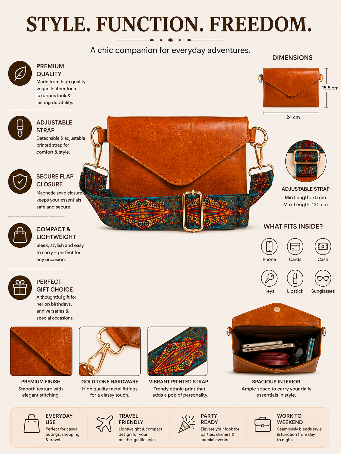 An infographic-style product presentation of a brown leather shoulder bag with patterned leather straps and trim, shown with text callouts about features, dimensions, and what fits inside, on a white background.