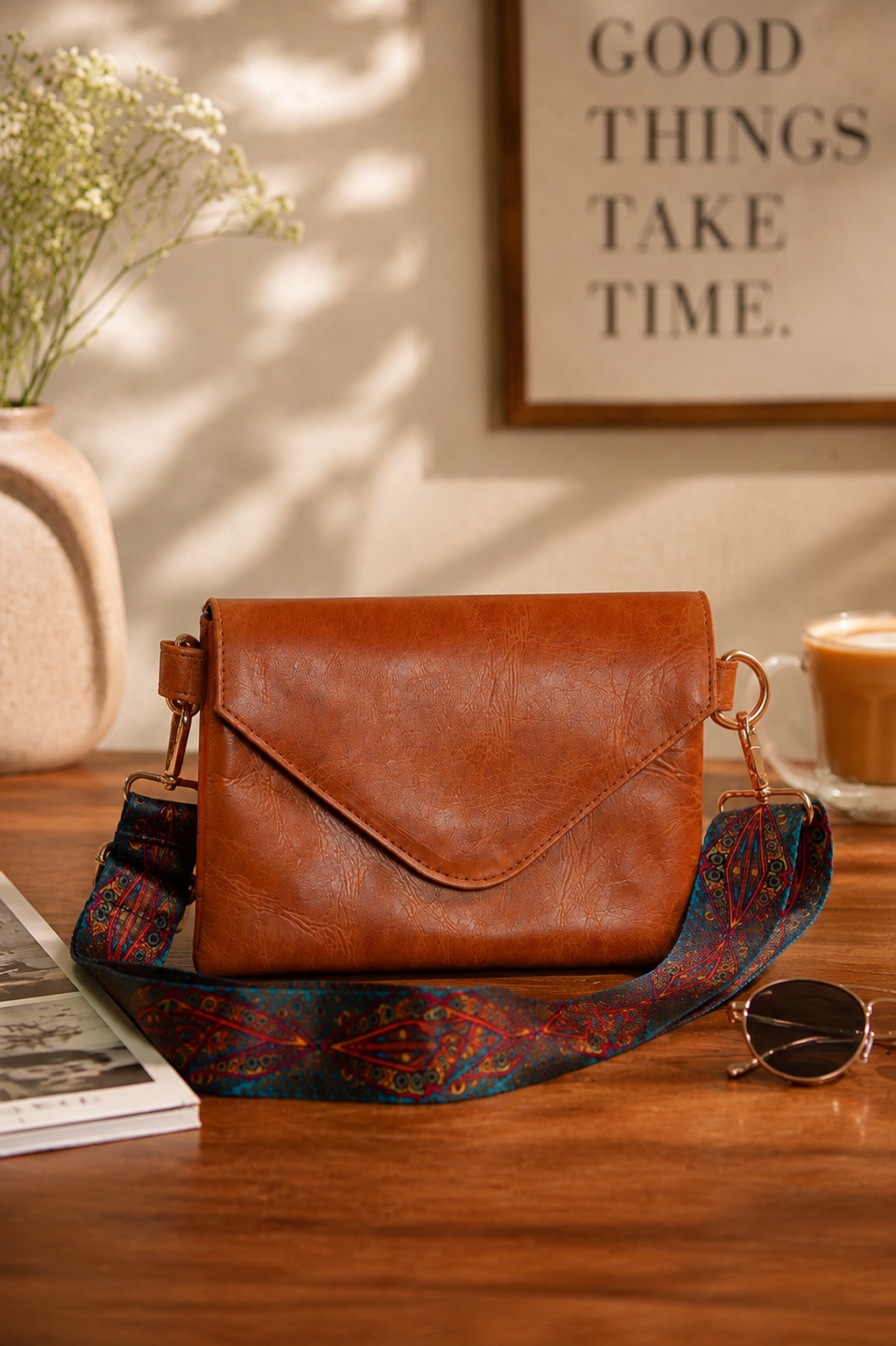 A brown leather crossbody bag with a patterned fabric strap sits on a wooden table in a warm, styled room setting with a framed quote, sunglasses, and a coffee cup.