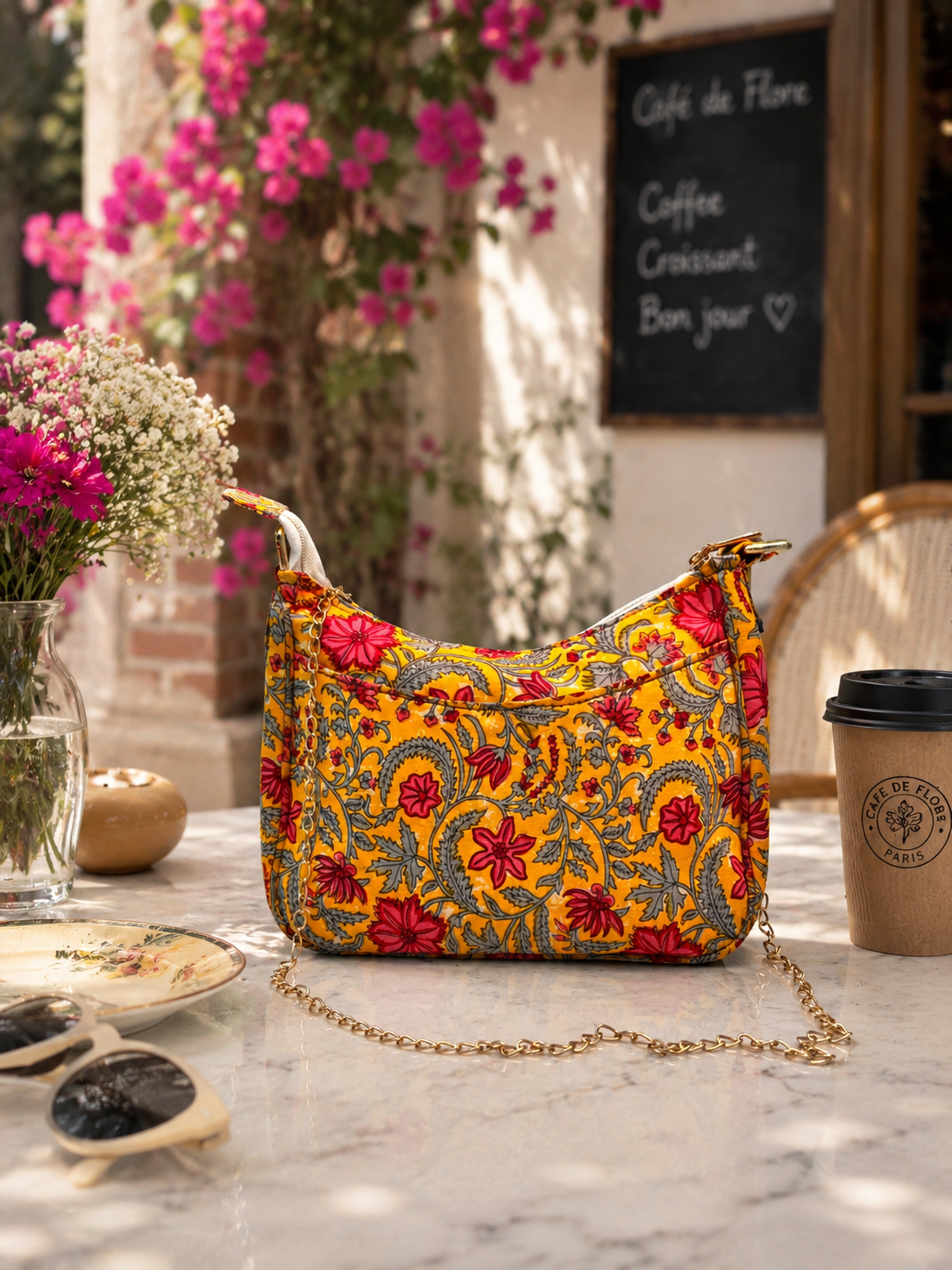 A yellow shoulder bag with a red and blue floral pattern sits on a marble table in a cafe setting, with a coffee cup, sunglasses, and flowers nearby.