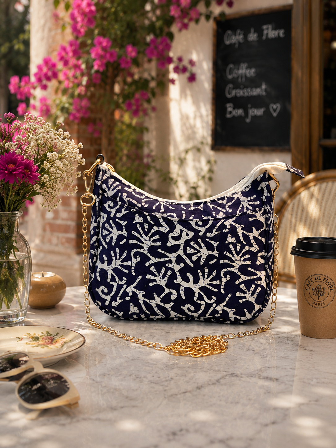A navy blue shoulder bag with a white coral-like pattern and gold chain strap, displayed on a marble table in a cafe setting with a coffee cup and flowers in the background.