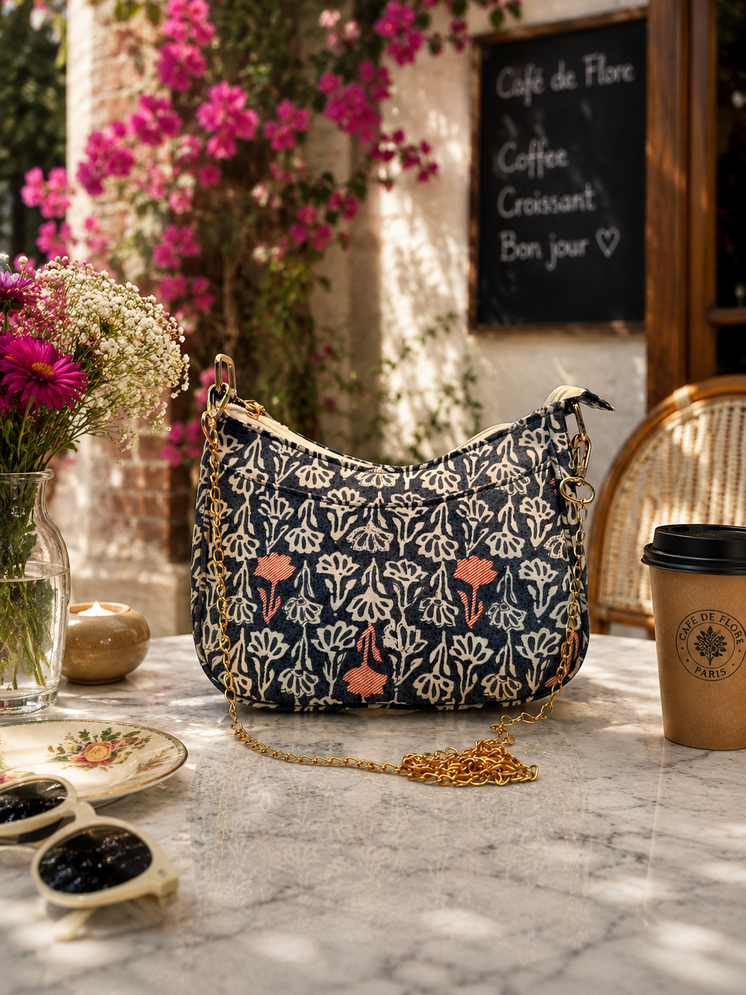 A navy blue crescent-shaped shoulder bag with a beige and coral floral print, featuring a gold chain strap, displayed on a marble table in a cafe setting.