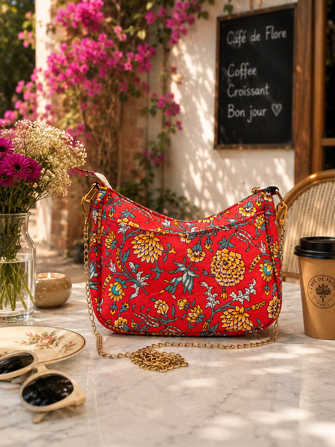 A pink shoulder bag with a colorful floral print and a gold chain strap, displayed on a marble table in a cafe setting with a coffee cup, sunglasses, and flowers.