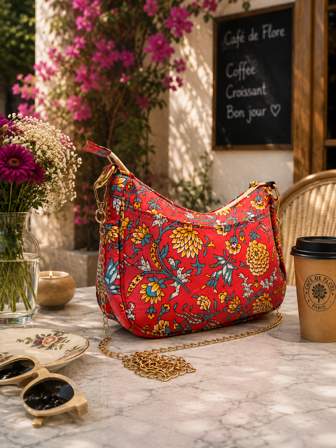 A pink shoulder bag with a colorful floral print and a gold chain strap, styled on a marble table in a cafe setting with a coffee cup, sunglasses, and flowers.