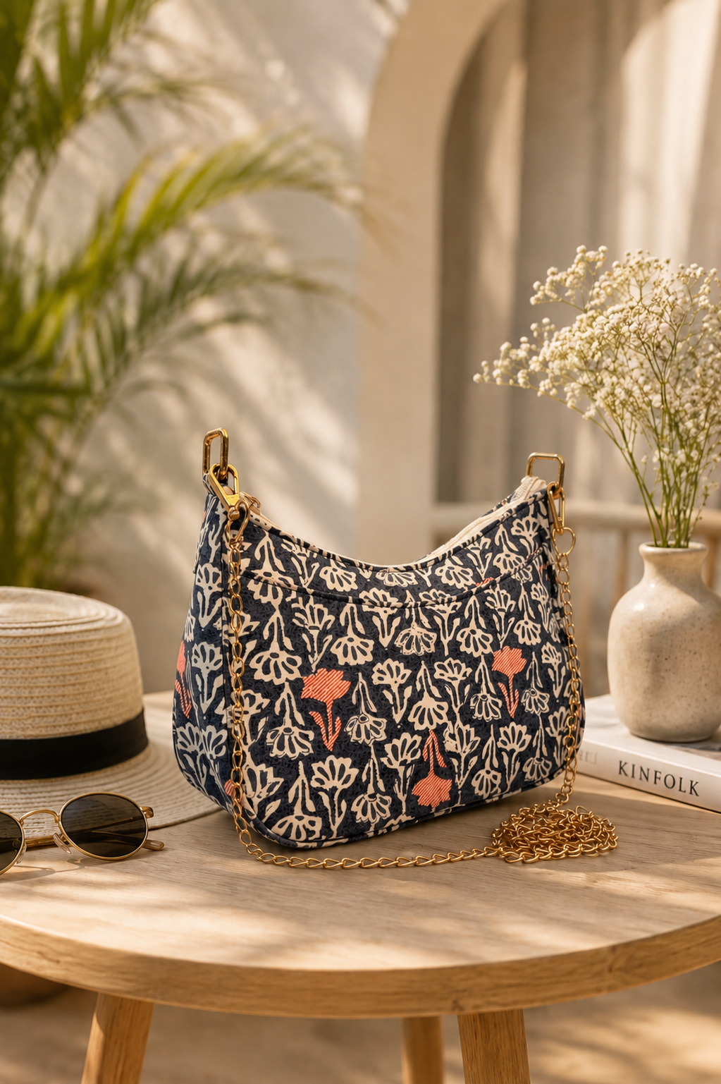 A navy blue shoulder bag with a cream floral pattern and coral flower accents, styled on a round wooden table with a straw hat, sunglasses, a vase of baby's breath, and a book in a sunlit indoor setting.