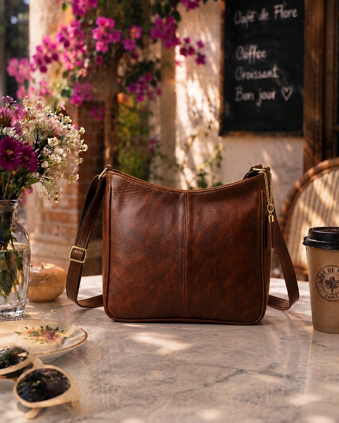 Vegan Leather Hobo Shoulder Bag with Minimalist Design & Adjustable Straps