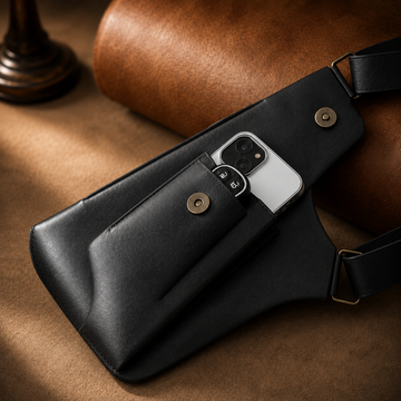 Black leather phone case with a phone inside on a brown surface