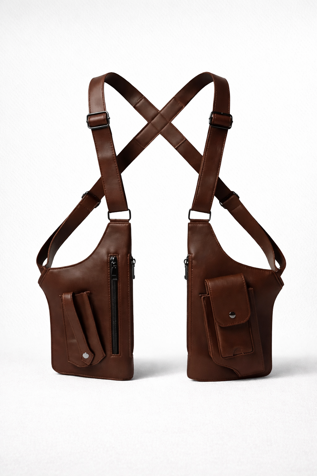 Brown leather shoulder bag with crossbody straps on a white background