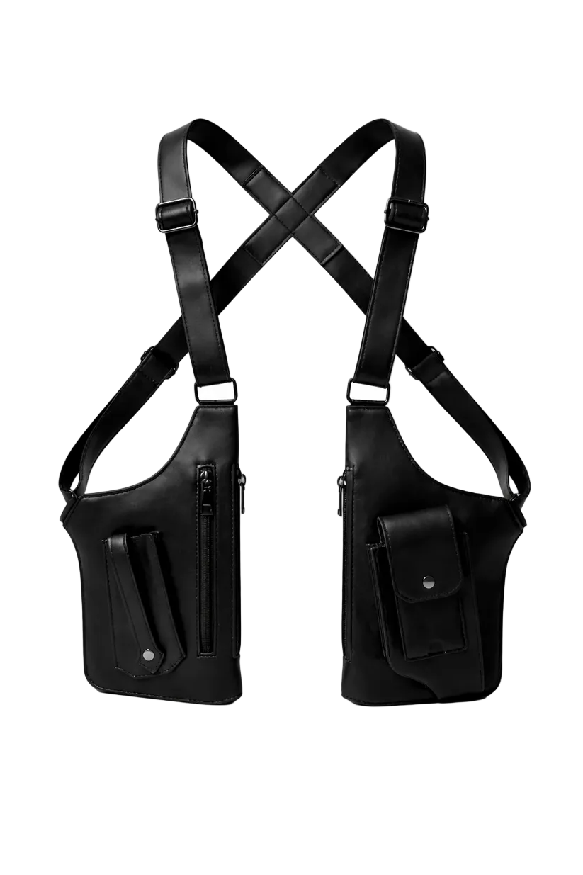 Black leather crossbody bag with straps on a white background