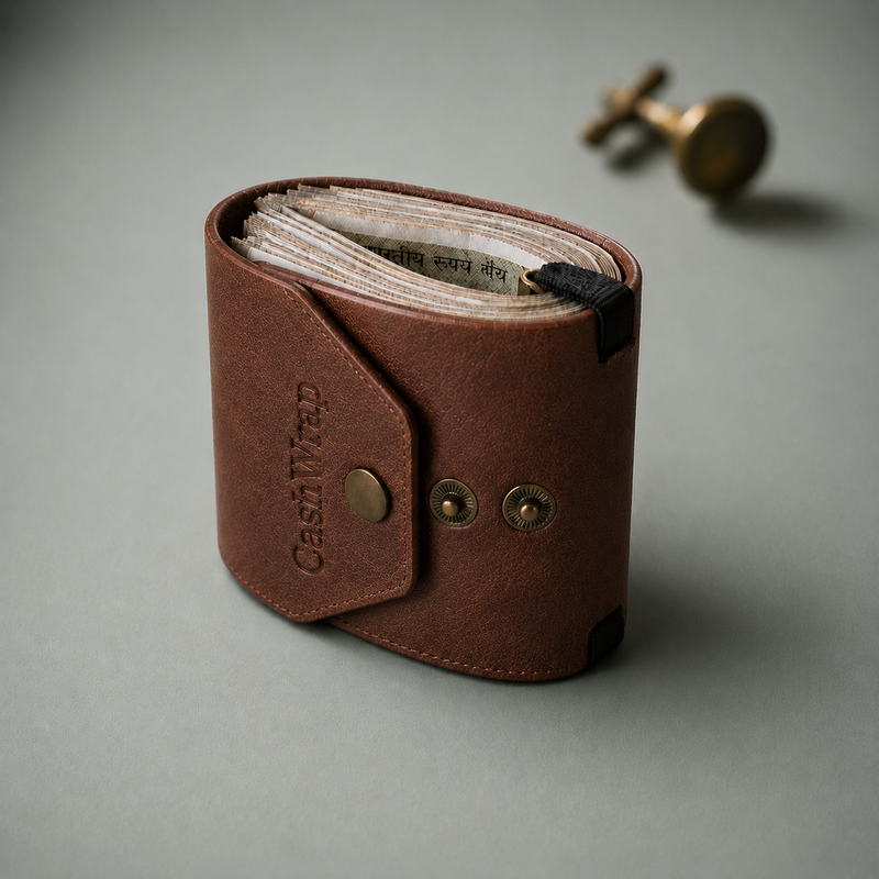 Brown leather wallet with 'CashWrap' branding on a gray background