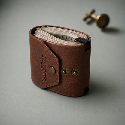 Brown leather wallet with 'CashWrap' branding on a gray background