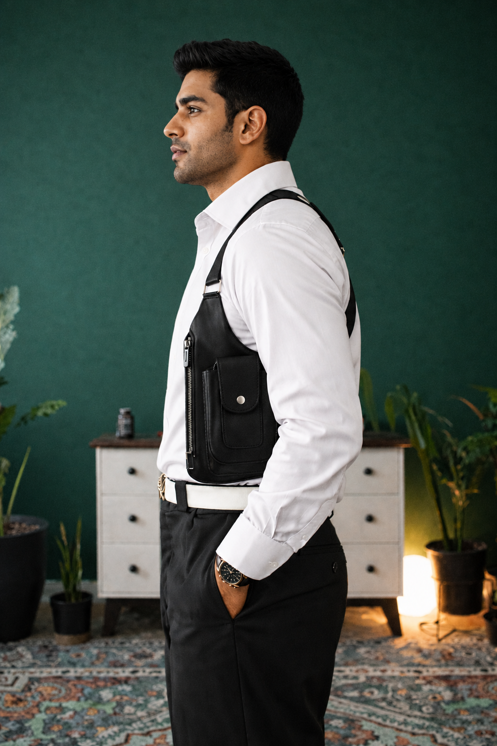 Man wearing a white shirt and black suspenders with a green wall and furniture in the background