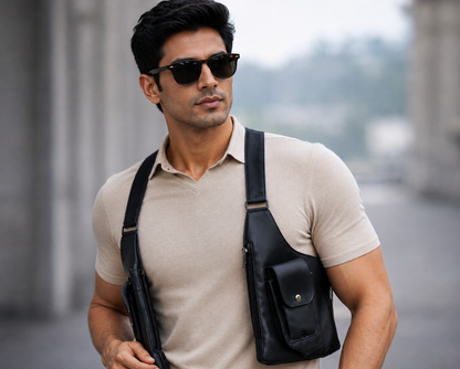 A man wearing a beige polo shirt and black sunglasses carries a black leather crossbody sling bag with a front pocket over his shoulder in an outdoor setting.