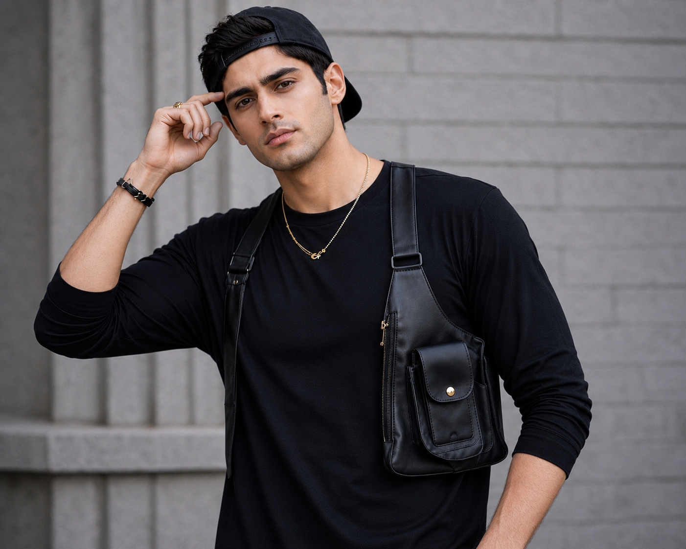 Man wearing a black outfit with a black bag over his shoulder against a gray brick wall.