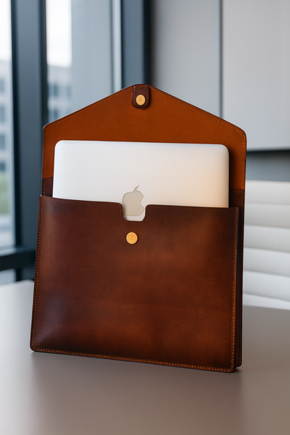 A brown leather laptop sleeve with a flap closure and front pocket, holding a white laptop, set on a tabletop near a window.