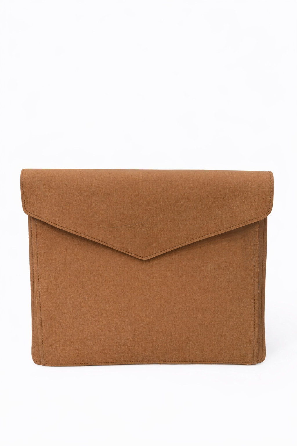 A tan suede envelope clutch bag on a solid white background.
