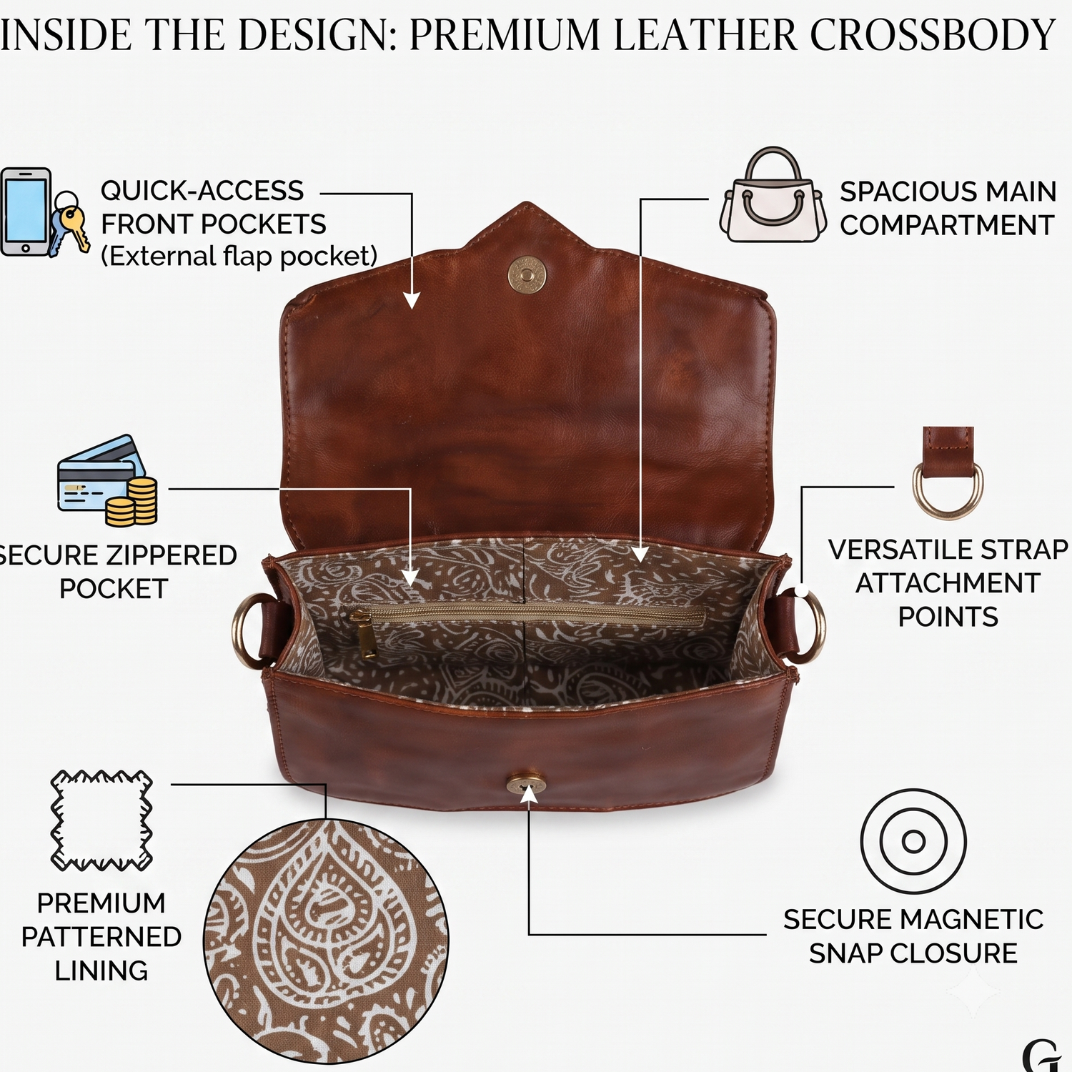 An infographic showing the interior features of a brown leather crossbody bag, with labeled callouts pointing to front pockets, a spacious main compartment, a secure zippered pocket, attachment points, magnetic snap closure, and patterned lining. The bag is centered on a light gray background with explanatory text and small feature icons.
