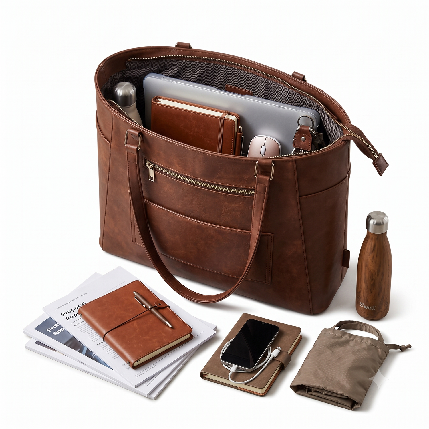 A brown leather tote bag shown open with its interior compartments filled with travel accessories, including a laptop, notebook, mouse, phone, and small pouch. A matching brown water bottle and folded accessories are placed beside it on a clean white background.