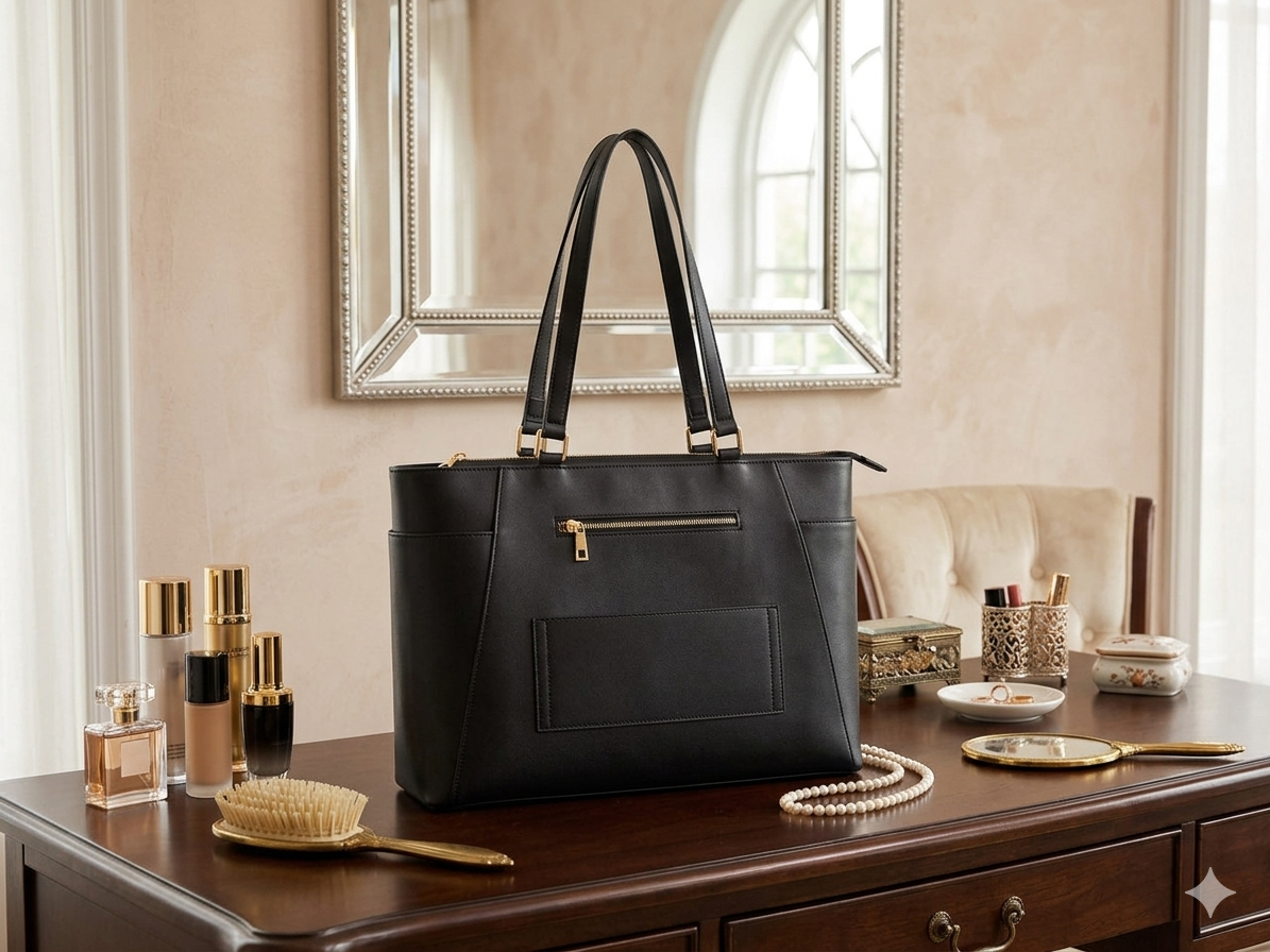 Structured Leather Work Tote Bag with Gold Hardware and Laptop Compartment – Black – Women's HandBag/Sling Bag – additional product photo | Leather Villa