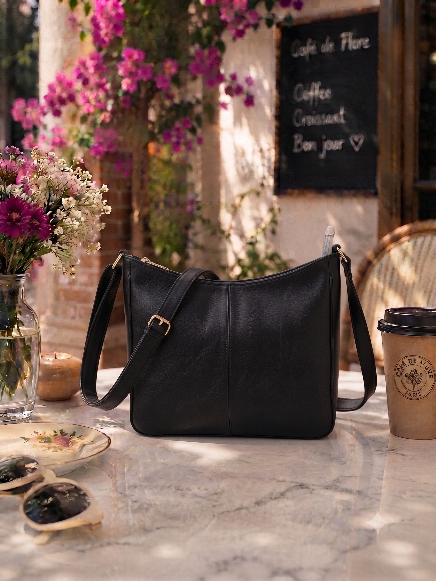 A black leather shoulder bag with gold-tone hardware sits on a marble table in a cafe setting, surrounded by flowers, sunglasses, a coffee cup, and a chalkboard menu.