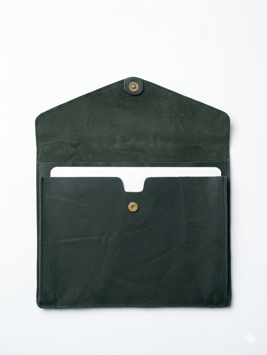 A dark forest green leather sleeve or pouch with a flap closure and a front pocket, shown open on a plain white background.