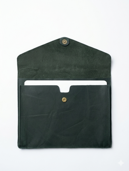A dark forest green leather sleeve or pouch with a flap closure and a front pocket, shown open on a plain white background.