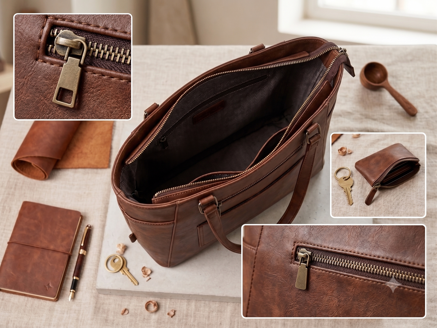 A brown leather handbag is shown open on a light fabric surface, with three inset close-up views highlighting the zipper pull, interior lining, and hardware. The scene includes small styled props such as a pen, keys, a small wallet, and a wooden spoon, but no person or animal is present.