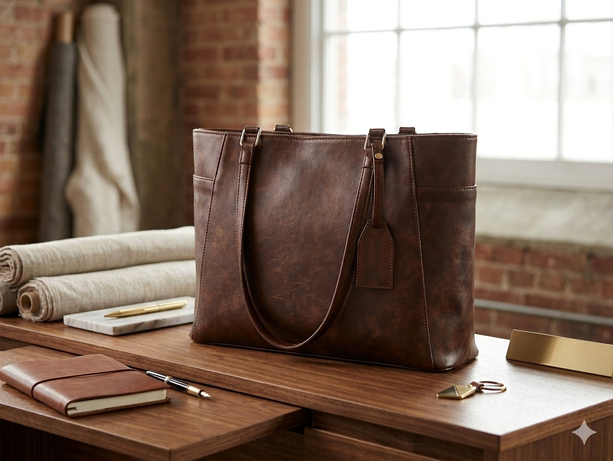 Structured Leather Work Tote Bag with Gold Hardware and Laptop Compartment – Coffee Brown