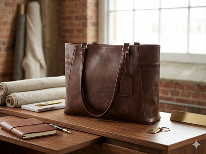 Structured Leather Work Tote Bag with Gold Hardware and Laptop Compartment – Coffee Brown