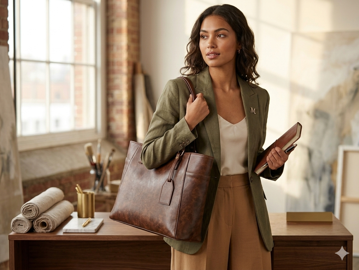 Structured Leather Work Tote Bag with Gold Hardware and Laptop Compartment – Coffee Brown