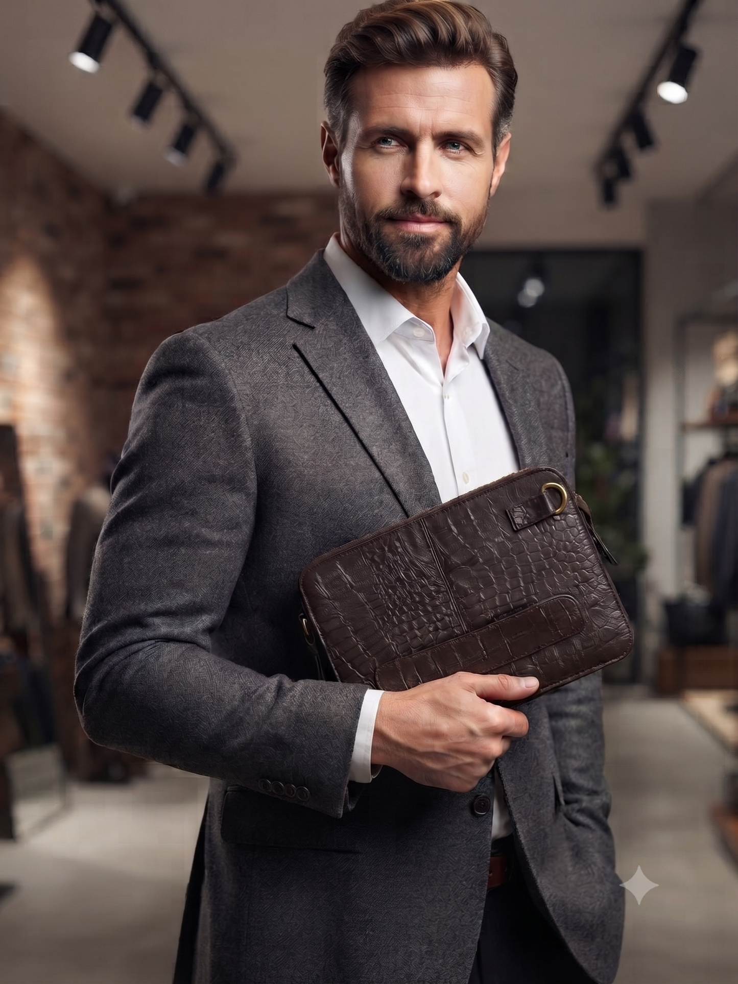 A man in a gray blazer and white shirt holds a dark brown crocodile-embossed leather clutch bag in a boutique setting.