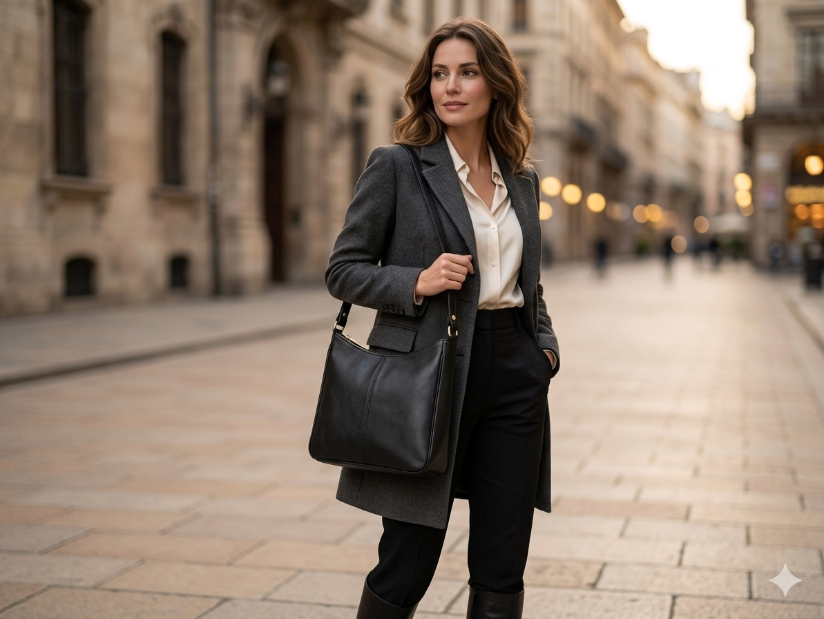 A woman stands on a city street wearing a dark gray tailored coat over a white blouse and black trousers, carrying a large dark gray leather shoulder bag.
